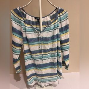 Women's Top Blue, Green, Yellow Stripes V-Neck Semi Sheer 3/4 Sleeve Petite L